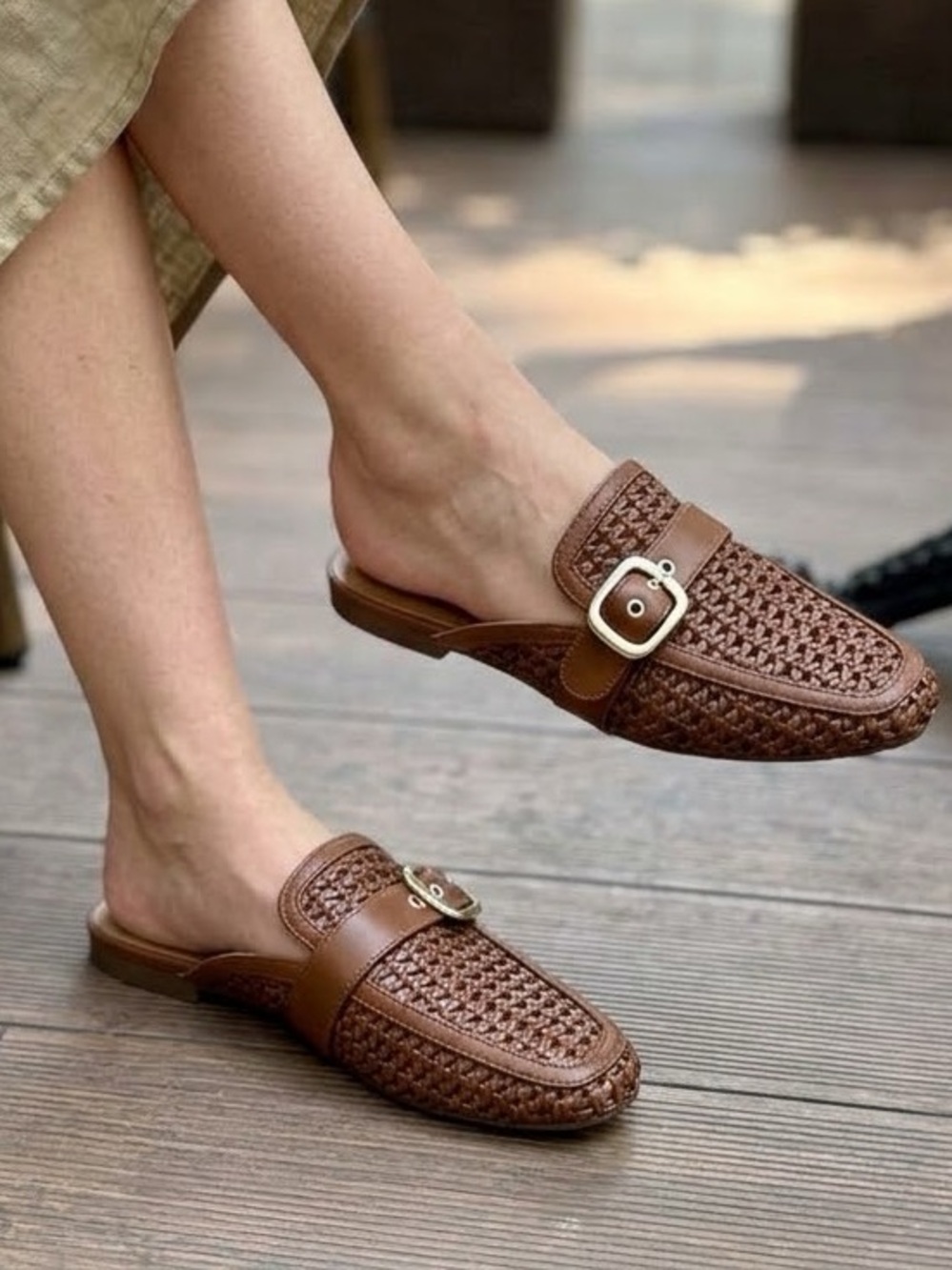 NWT A New Day Womens Woven Buckle Mules Cognac Brown Slip On Flats Size 8